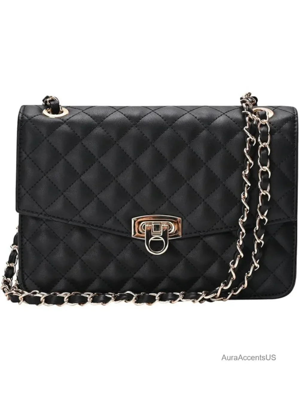 Quilted Vegan Leather Crossbody Bag with Chain Strap Shoulder Purse